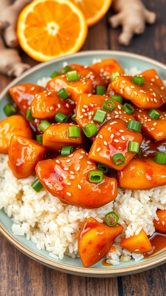 Zesty orange ginger chicken served on a plate with rice, garnished with green onions and sesame seeds.